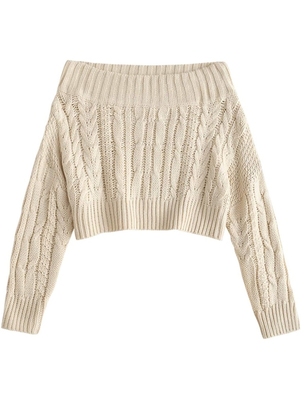 Zaful Off-Shoulder Cable Knit Cropped Sweater - Cream  M / 870-bb3